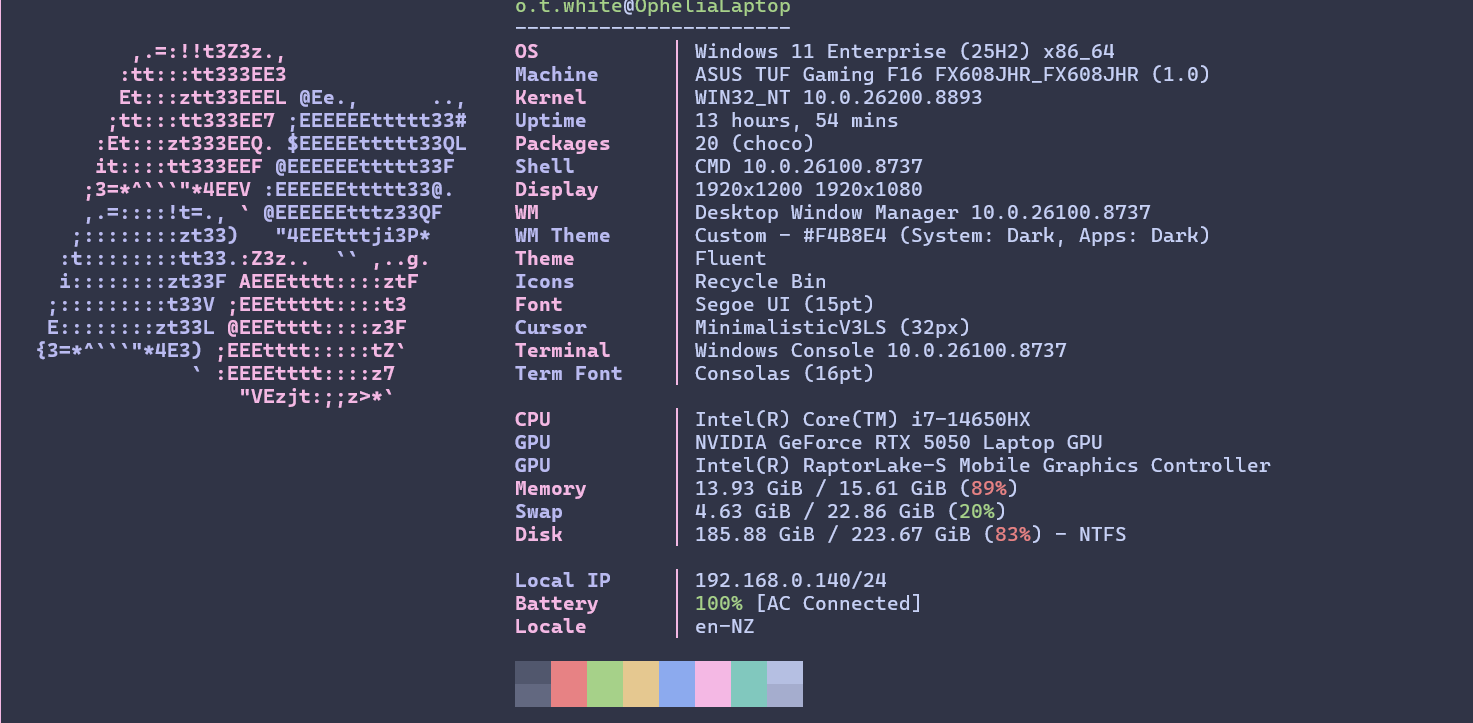 A terminal response to a fastfetch command